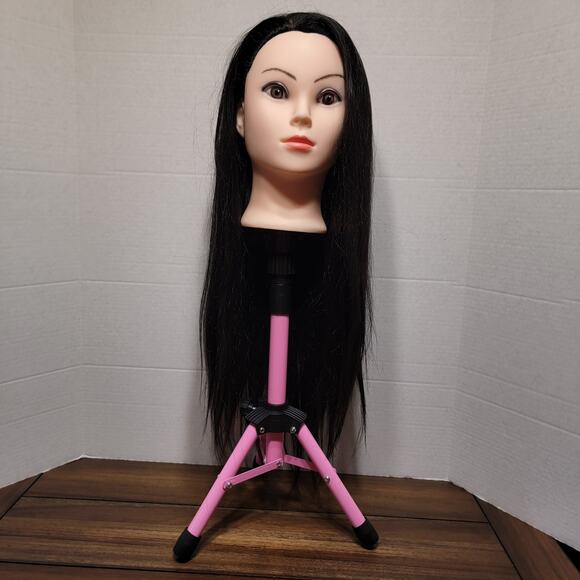 Female Cosmetology Training Head w/ Pink Tripod Stand - Picture 1 of 8